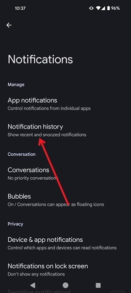 Selecting "Notification history" in Android Settings.
