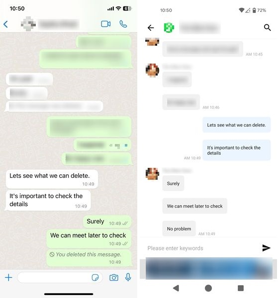 Deleted WhatsApp messages still visible in Notisave app (on the right.)