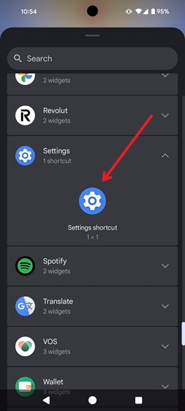 Placing Settings shortcut on your Android homescreen.