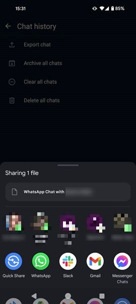 Sharing options for exported chat in WhatsApp for Android..