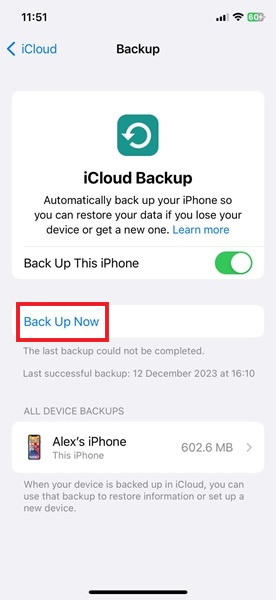 Pressing "Back Up Now" button to start backup process.