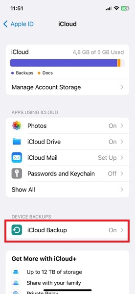 Selecting "iCloud Backup" under iCloud Settings in iPhone.