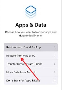 Select "Restore from Mac or PC" option in "Apps & Data" screen after iPhone factory reset.