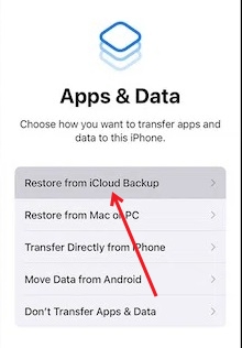 Selecting "Restore from iCloud Backup" option in Apps & Data screen after iPhone factory reset.