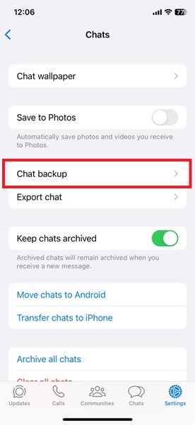 Tapping on "Chat backup" option in WhatsApp for iPhone.
