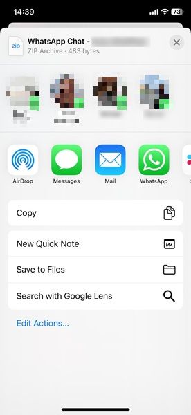 Options to share saved WhatsApp chat on iPhone.