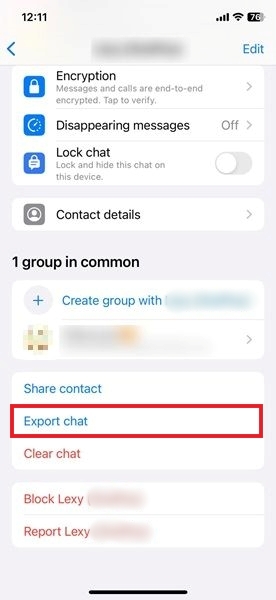 Tapping on "Export chat" option in WhatsApp conversation on iPhone.