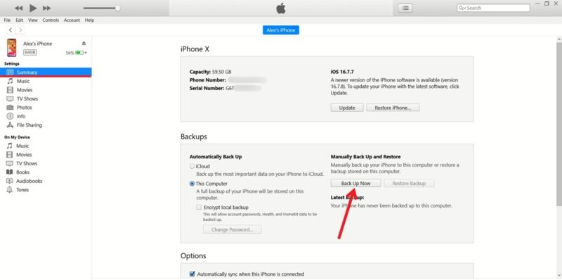 Pressing "Back up Now" button in iTunes app on PC.