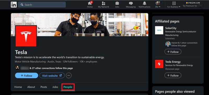 Viewing company page on LinkedIn and switching to People tab. 