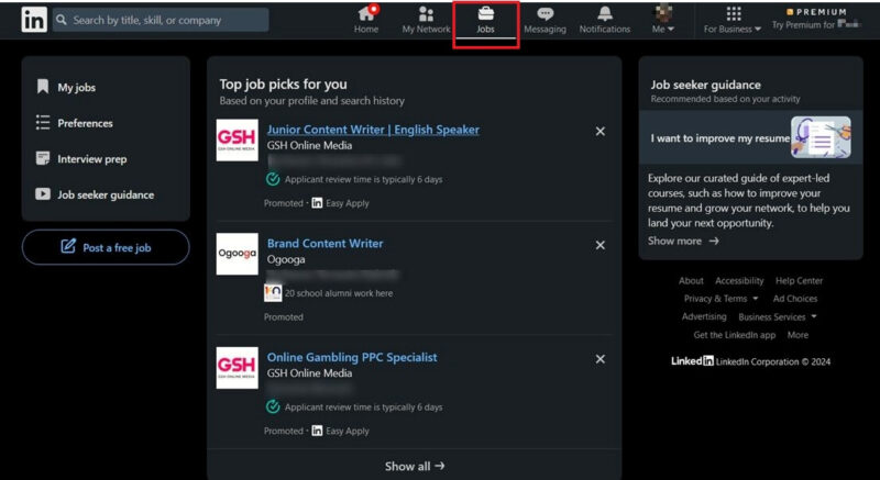 Job board view on LinkedIn website.