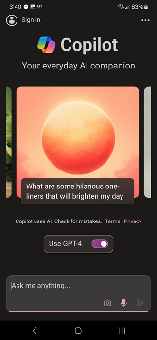 Microsoft Copilot app offering to compose a song.