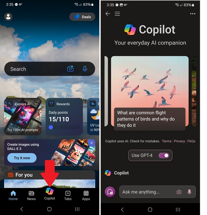 Opening Microsoft Copilot in the Bing mobile app.
