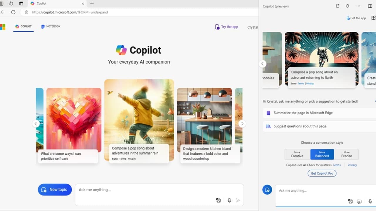 Microsoft Copilot open in Microsoft Edge and Windows sidebar