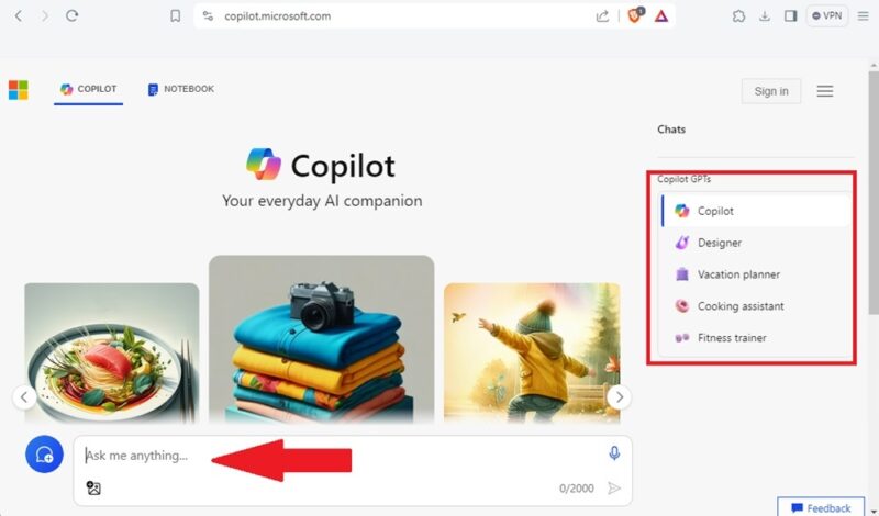 Microsoft Copilot main website highlighting other Copilot GPTs.