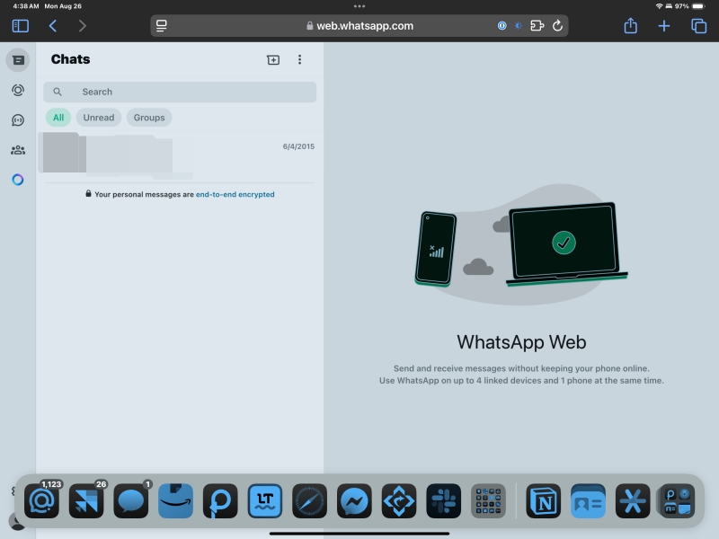 WhatsApp for Web view all loaded up on iPad.