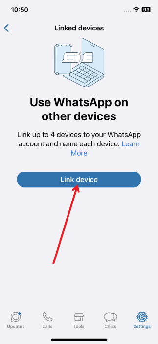 Pressing "Link device" button in WhatsApp on iPhone.