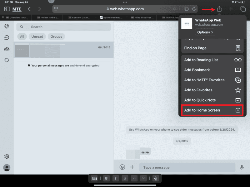 Selecting option to "Add to Home Screen" in WhatsApp Web on iPad. 