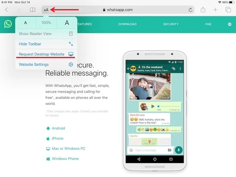 Viewing the option to "Request Desktop Website" in Safari browser on iPad.