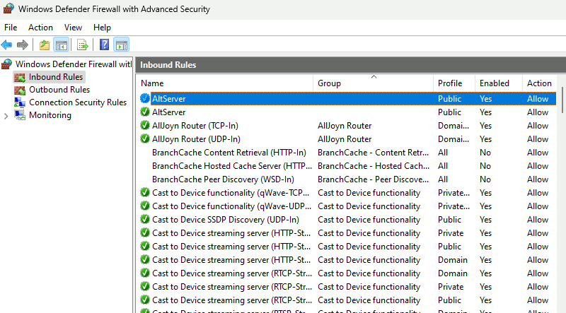 Advanced settings for Windows Firewall with rule sets