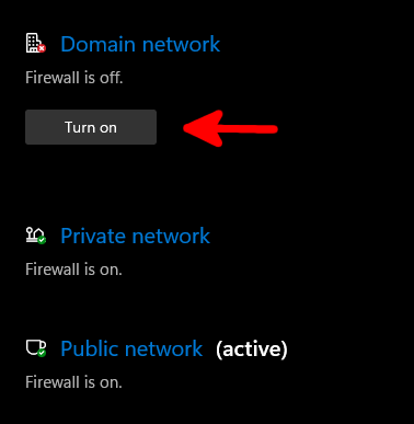 Windows Firewall settings displaying degraded functionality and the button to fix it