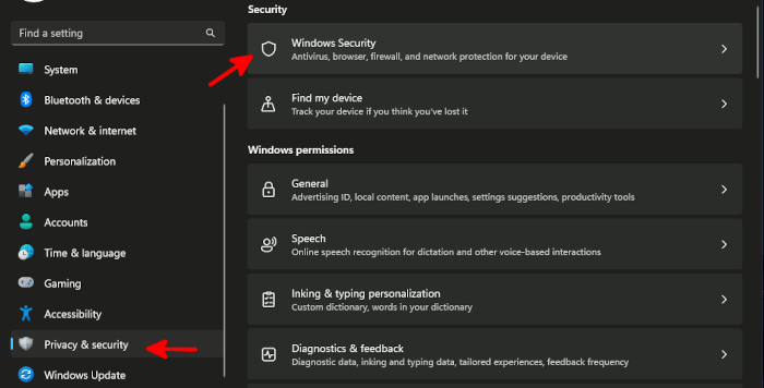Windows Settings, displaying privacy & security menu and pointing out the Windows Security option