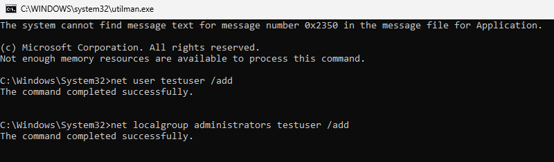 Windows command line, demonstrating adding a user and making it an administrator account