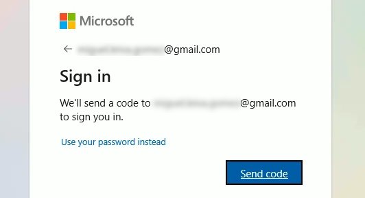A Microsoft authentication window prompting sending a security code via email