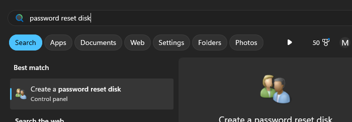 The Windows Start menu, displaying the Control Panel app for creating a password reset disk