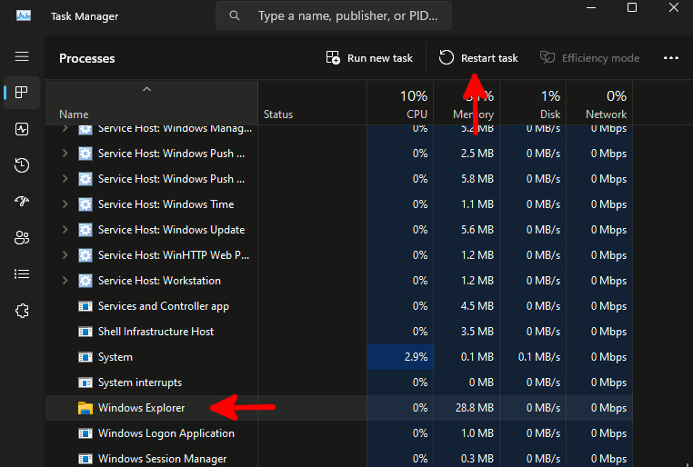 Windows 11's task manager, demonstrating the procedure to restart the Windows Explorer process