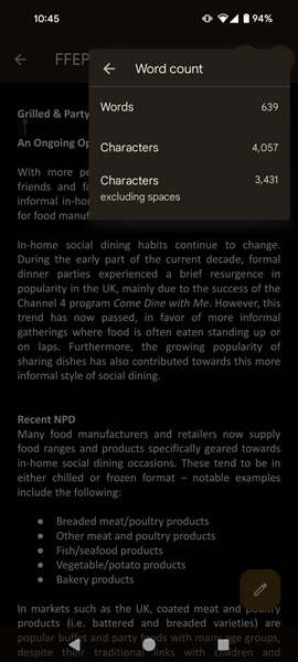 Word count window in Google Docs mobile app.