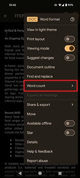 Selecting "Word count" option in Google Docs app. 