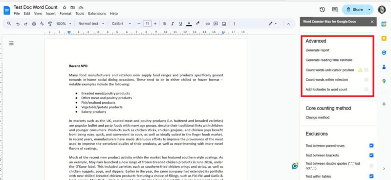 Advanced options for Word Counter Max extension in Google Docs on PC.