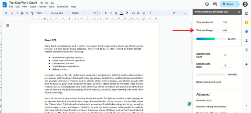 Settings word count target while using Word Counter Max for Google Docs add-on in Google Docs on PC.