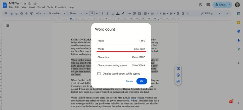 Viewing word count for part of text in Google Docs on PC.