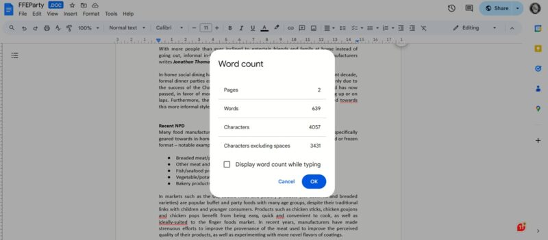 Word count window view for document in Google Docs on PC.