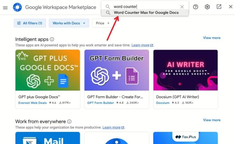 Searching for word counter add-ons in Google Workspace Marketplace.