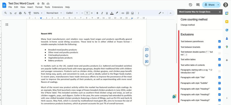 Exclusion list for Word Counter Max extension in Google Docs on PC.