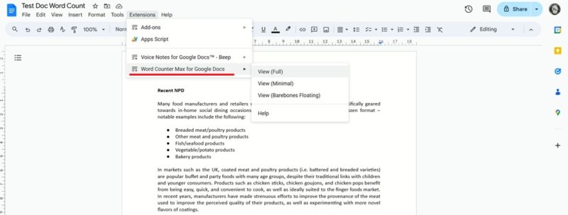 Clicking on Word Counter Max for Google Docs add-on in Google Docs on PC.