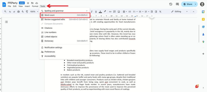 Clicking on "Word count" option under Tools menu in Google Docs on PC.