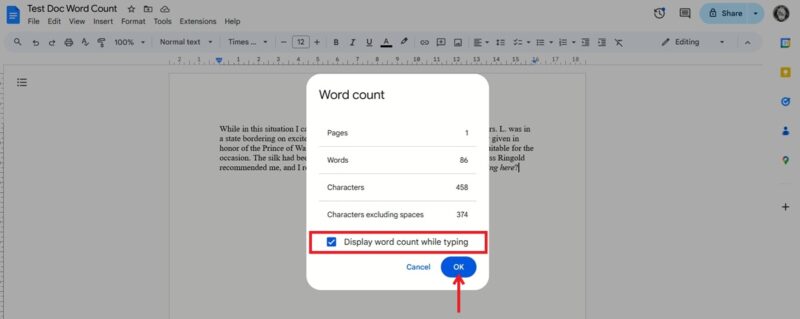 Checking option to "Display word count while typing" in Google Docs on PC.