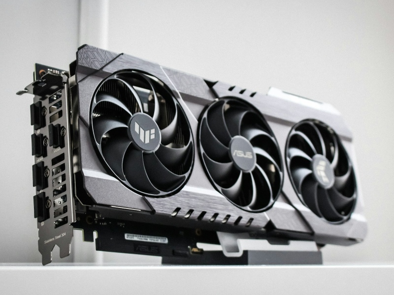 Close-up of a grey ASUS graphics card