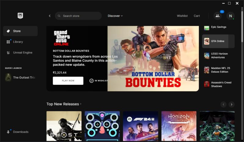 Screenshot of an Epic Games Store window