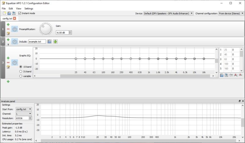 Screenshot of an Equalizer APO window