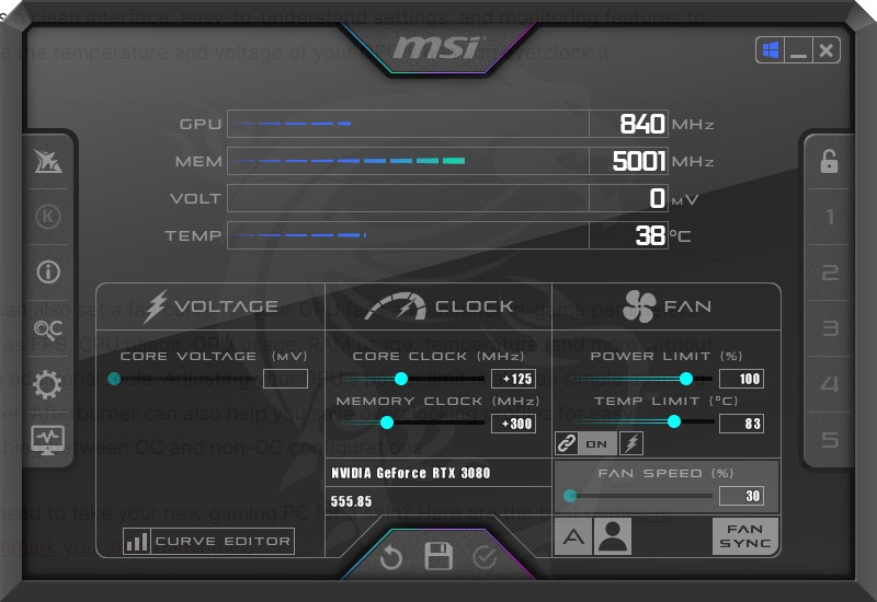 Screenshot of an MSI Afterburner window