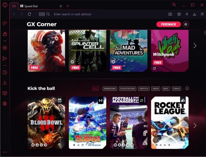 Screenshot of an Opera GX browser window