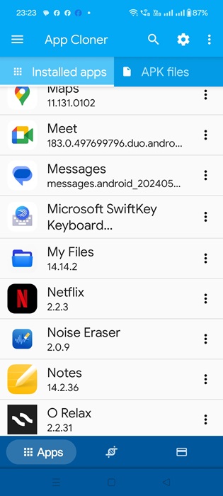 App Cloner with a list of different apps on the home screen.