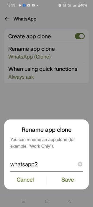 Rename a WhatsApp app clone to "WhatsaApp2."