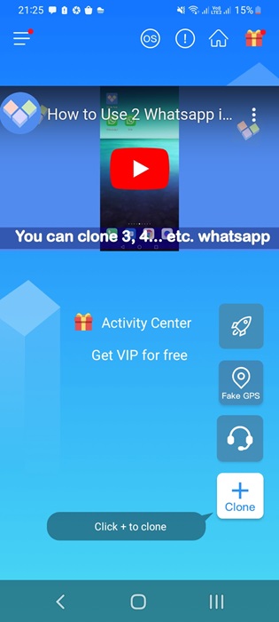 Samsung Galaxy store "Clone app" and the big Plus "clone" button.