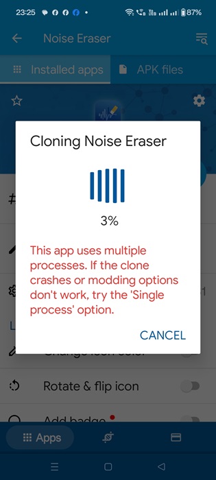 Cloning an app called "Noise eraser" using "App cloner."