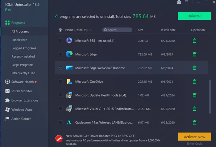 Uninstalling Edge WebView 2 Runtime using IObit Uninstaller.